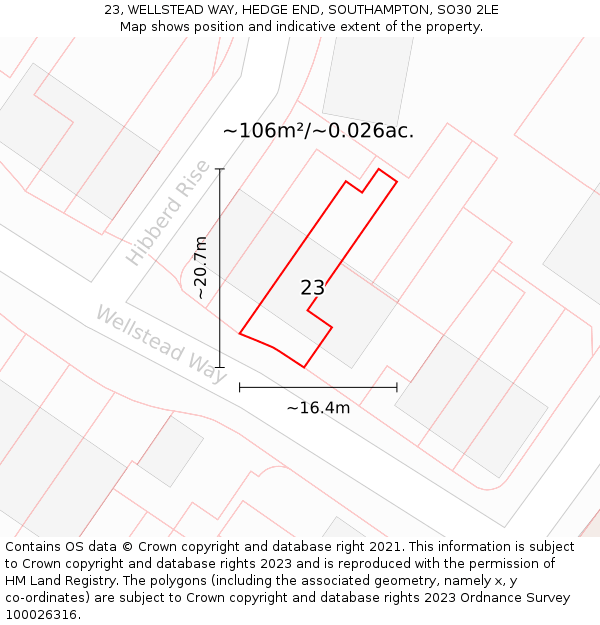 23, WELLSTEAD WAY, HEDGE END, SOUTHAMPTON, SO30 2LE: Plot and title map