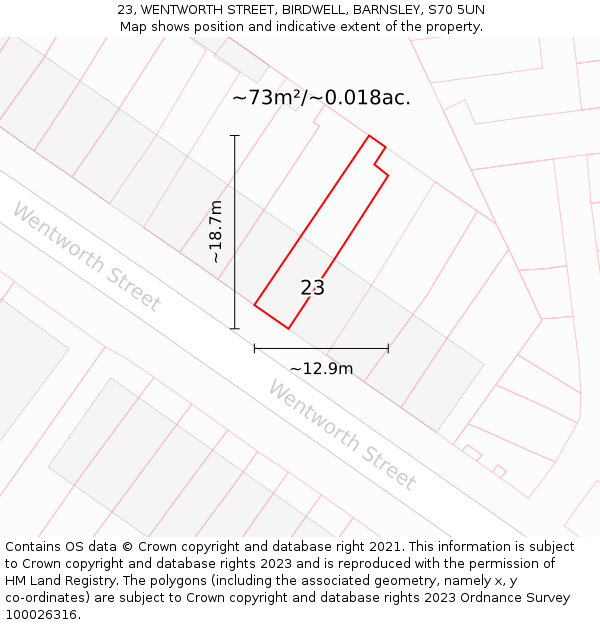 23, WENTWORTH STREET, BIRDWELL, BARNSLEY, S70 5UN: Plot and title map
