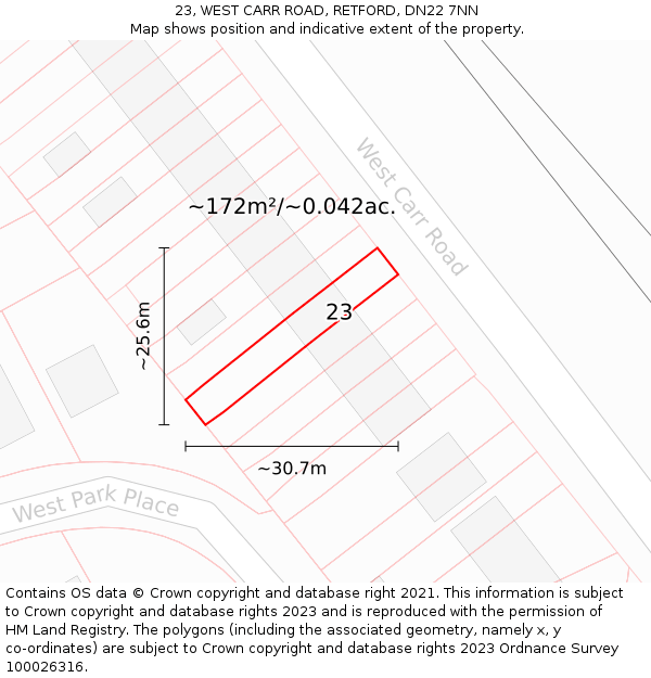 23, WEST CARR ROAD, RETFORD, DN22 7NN: Plot and title map
