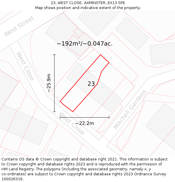 23, WEST CLOSE, AXMINSTER, EX13 5PE: Plot and title map
