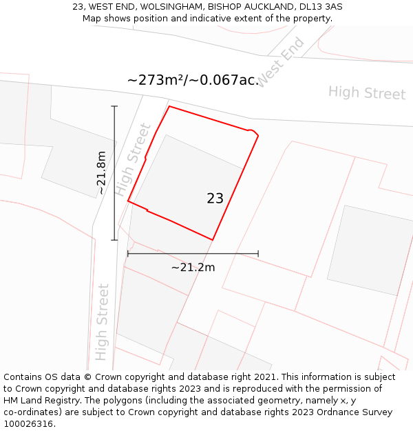 23, WEST END, WOLSINGHAM, BISHOP AUCKLAND, DL13 3AS: Plot and title map