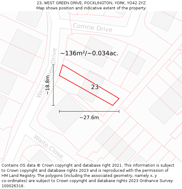 23, WEST GREEN DRIVE, POCKLINGTON, YORK, YO42 2YZ: Plot and title map