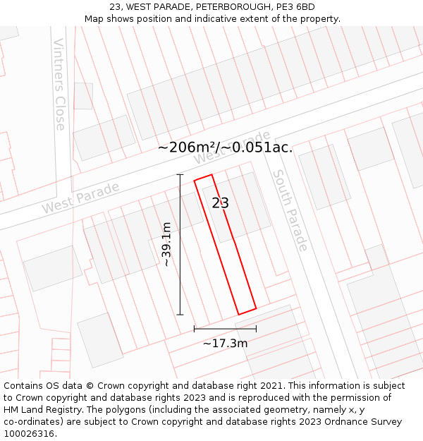 23, WEST PARADE, PETERBOROUGH, PE3 6BD: Plot and title map