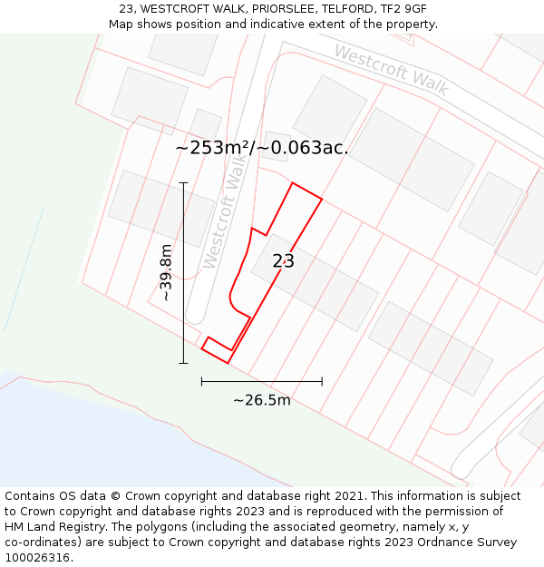 23, WESTCROFT WALK, PRIORSLEE, TELFORD, TF2 9GF: Plot and title map