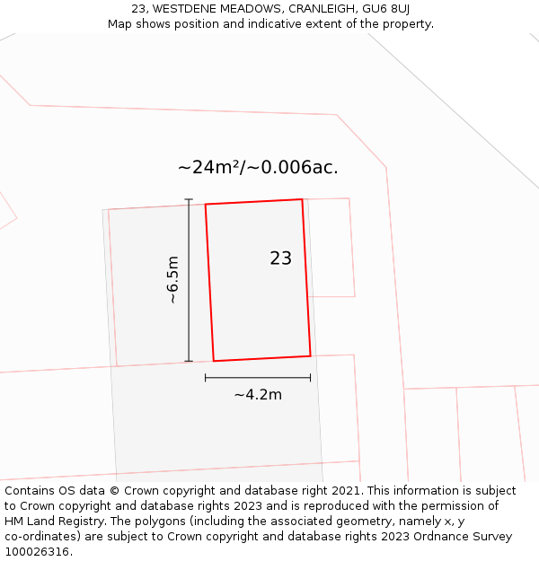 23, WESTDENE MEADOWS, CRANLEIGH, GU6 8UJ: Plot and title map