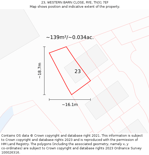 23, WESTERN BARN CLOSE, RYE, TN31 7EF: Plot and title map