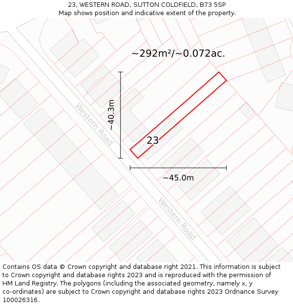 23, WESTERN ROAD, SUTTON COLDFIELD, B73 5SP: Plot and title map