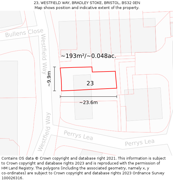 23, WESTFIELD WAY, BRADLEY STOKE, BRISTOL, BS32 0EN: Plot and title map