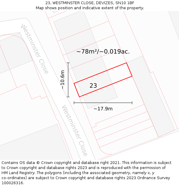 23, WESTMINSTER CLOSE, DEVIZES, SN10 1BF: Plot and title map