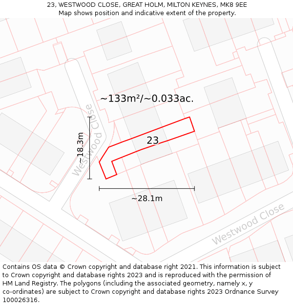 23, WESTWOOD CLOSE, GREAT HOLM, MILTON KEYNES, MK8 9EE: Plot and title map