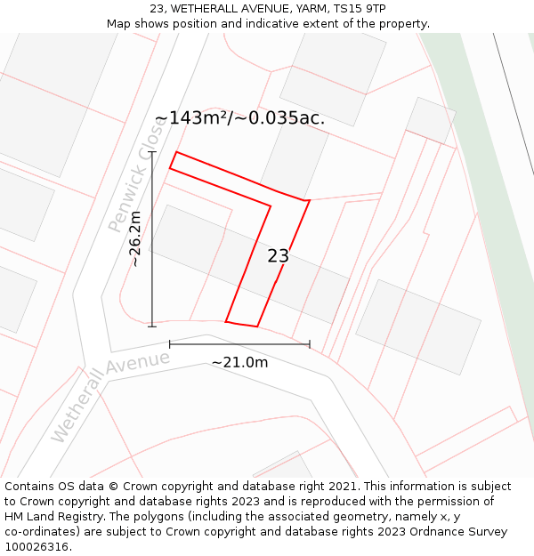 23, WETHERALL AVENUE, YARM, TS15 9TP: Plot and title map