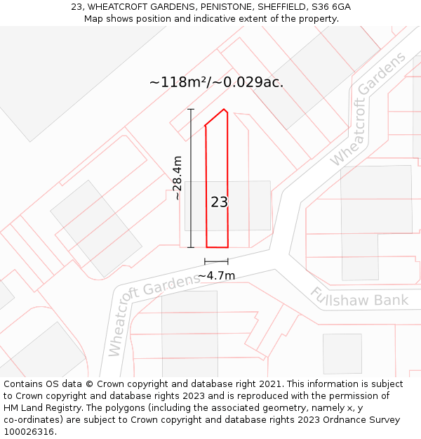 23, WHEATCROFT GARDENS, PENISTONE, SHEFFIELD, S36 6GA: Plot and title map