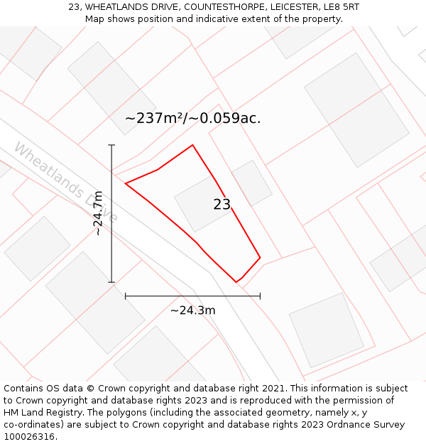 23, WHEATLANDS DRIVE, COUNTESTHORPE, LEICESTER, LE8 5RT: Plot and title map