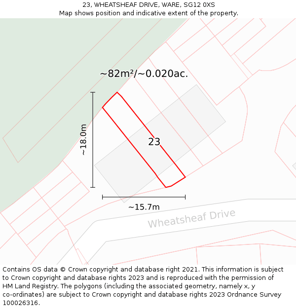 23, WHEATSHEAF DRIVE, WARE, SG12 0XS: Plot and title map
