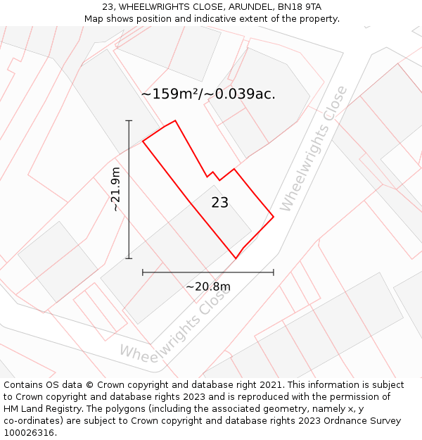 23, WHEELWRIGHTS CLOSE, ARUNDEL, BN18 9TA: Plot and title map
