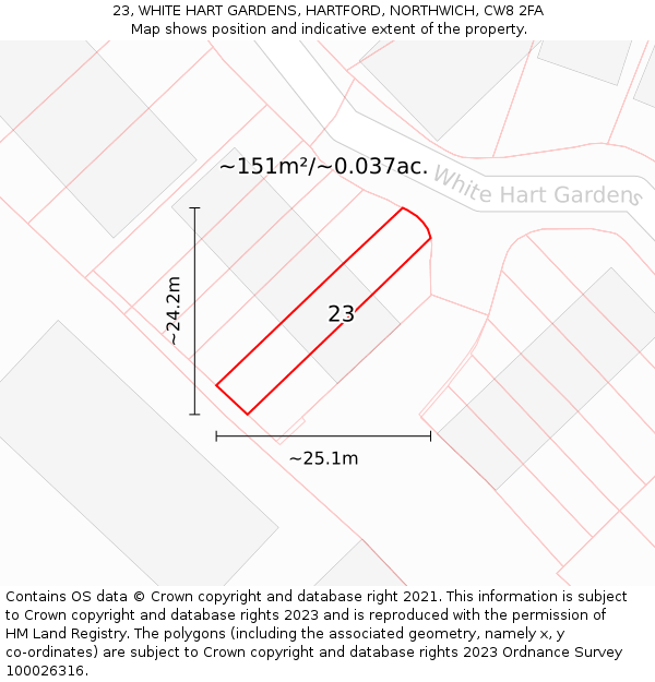 23, WHITE HART GARDENS, HARTFORD, NORTHWICH, CW8 2FA: Plot and title map