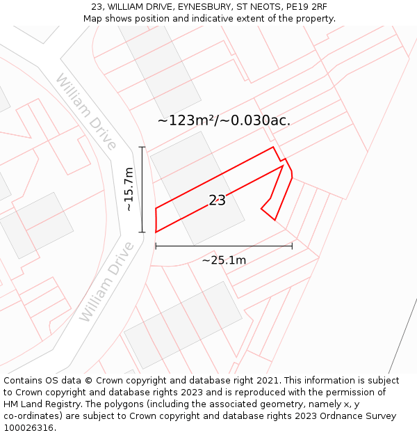 23, WILLIAM DRIVE, EYNESBURY, ST NEOTS, PE19 2RF: Plot and title map