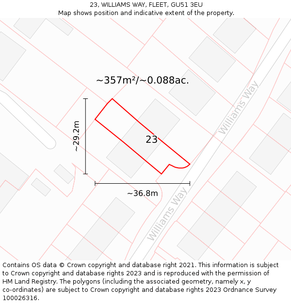 23, WILLIAMS WAY, FLEET, GU51 3EU: Plot and title map