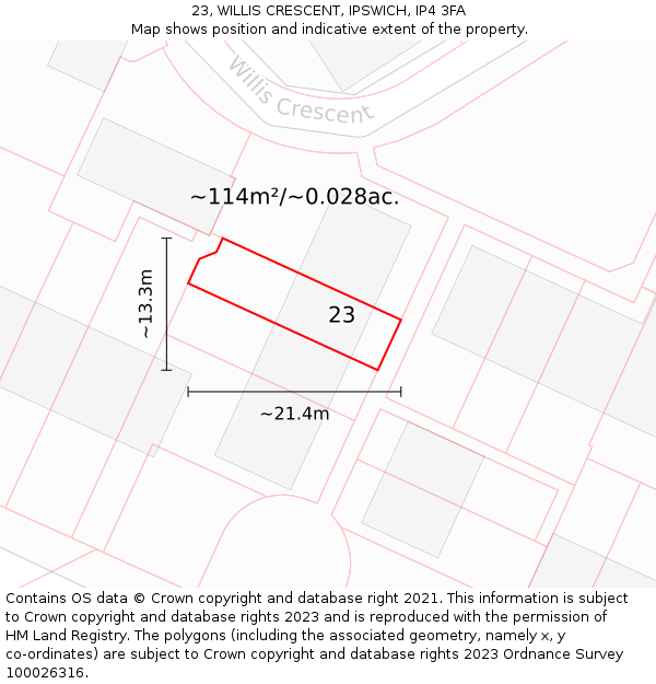 23, WILLIS CRESCENT, IPSWICH, IP4 3FA: Plot and title map