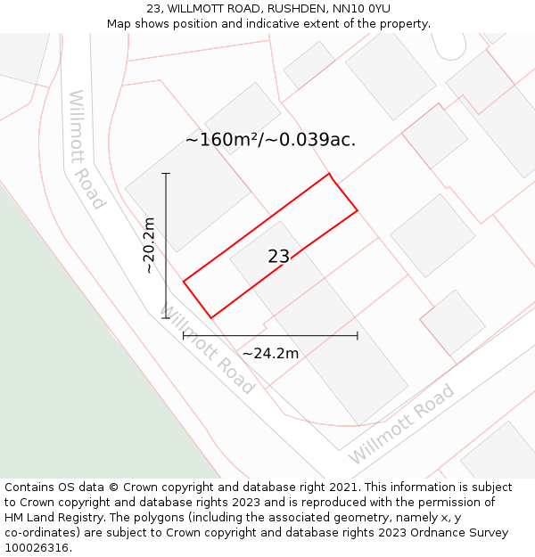 23, WILLMOTT ROAD, RUSHDEN, NN10 0YU: Plot and title map
