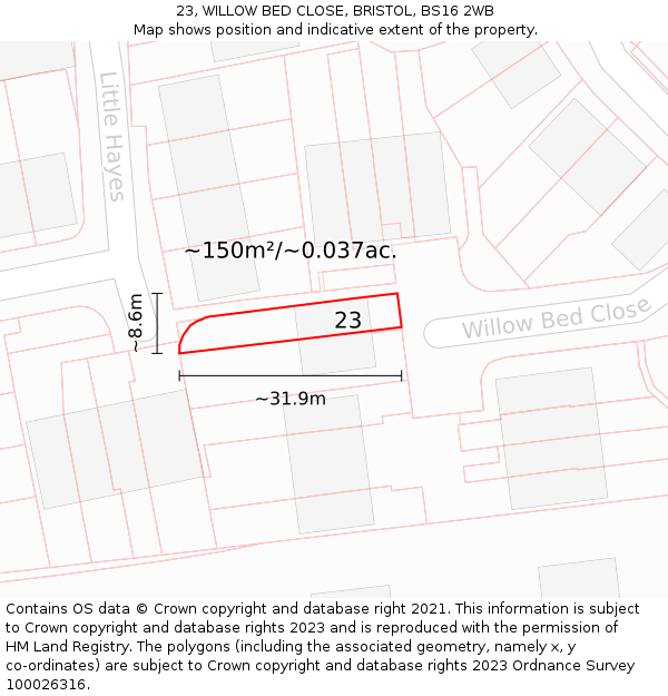 23, WILLOW BED CLOSE, BRISTOL, BS16 2WB: Plot and title map