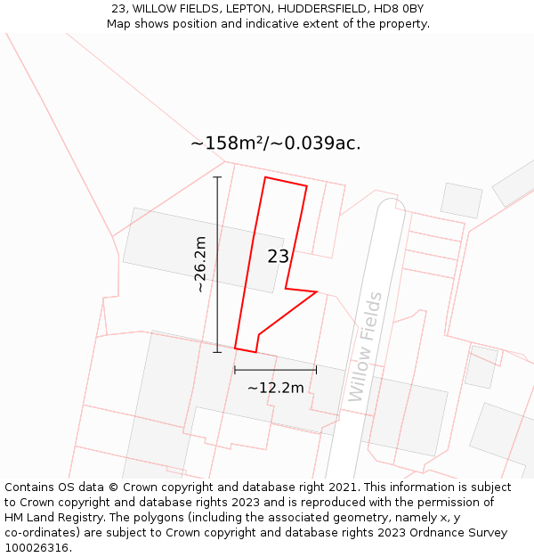 23, WILLOW FIELDS, LEPTON, HUDDERSFIELD, HD8 0BY: Plot and title map