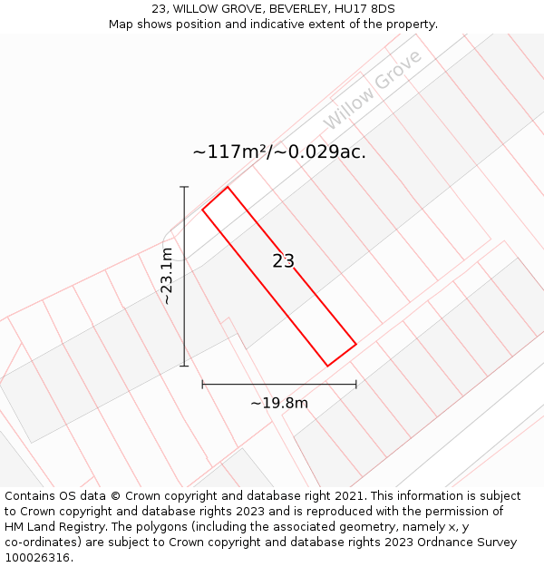 23, WILLOW GROVE, BEVERLEY, HU17 8DS: Plot and title map