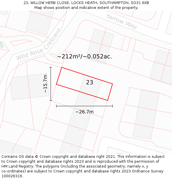 23, WILLOW HERB CLOSE, LOCKS HEATH, SOUTHAMPTON, SO31 6XB: Plot and title map