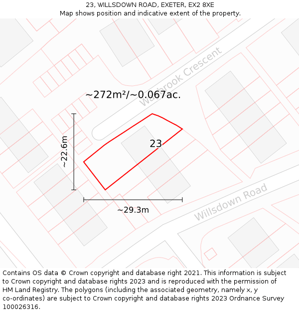 23, WILLSDOWN ROAD, EXETER, EX2 8XE: Plot and title map