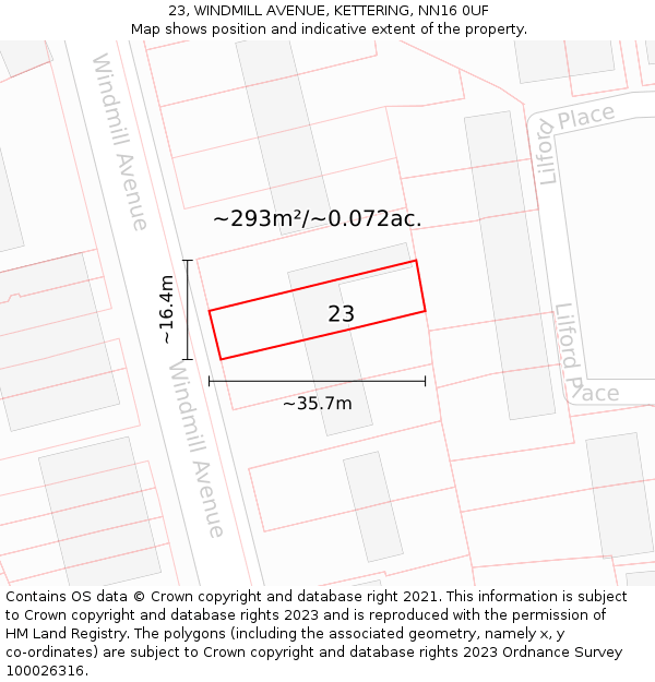 23, WINDMILL AVENUE, KETTERING, NN16 0UF: Plot and title map