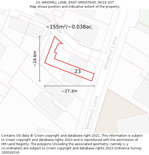 23, WINDMILL LANE, EAST GRINSTEAD, RH19 2DT: Plot and title map