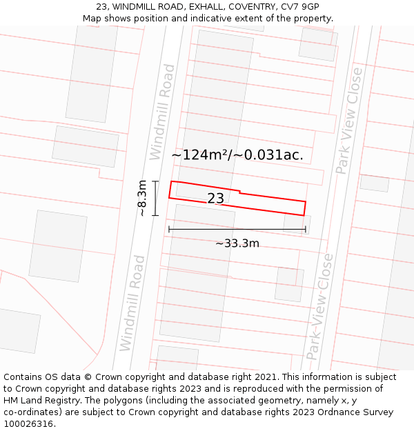 23, WINDMILL ROAD, EXHALL, COVENTRY, CV7 9GP: Plot and title map