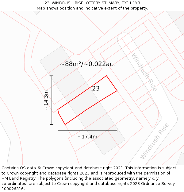 23, WINDRUSH RISE, OTTERY ST. MARY, EX11 1YB: Plot and title map