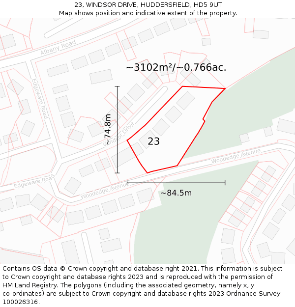 23, WINDSOR DRIVE, HUDDERSFIELD, HD5 9UT: Plot and title map