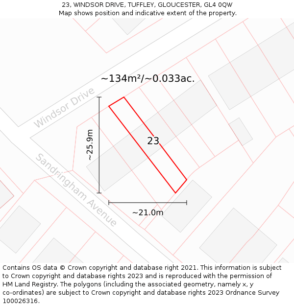 23, WINDSOR DRIVE, TUFFLEY, GLOUCESTER, GL4 0QW: Plot and title map