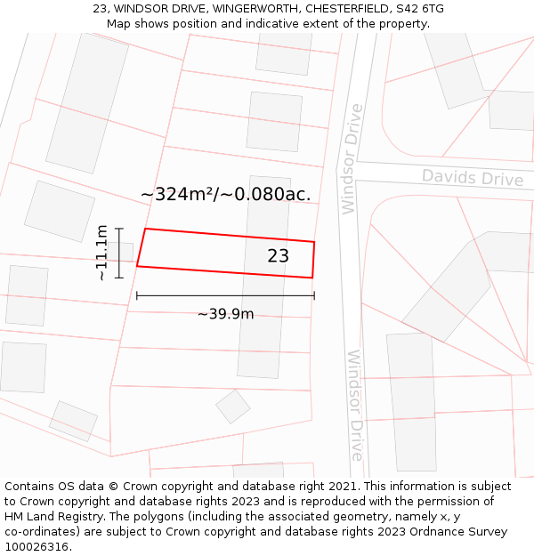 23, WINDSOR DRIVE, WINGERWORTH, CHESTERFIELD, S42 6TG: Plot and title map