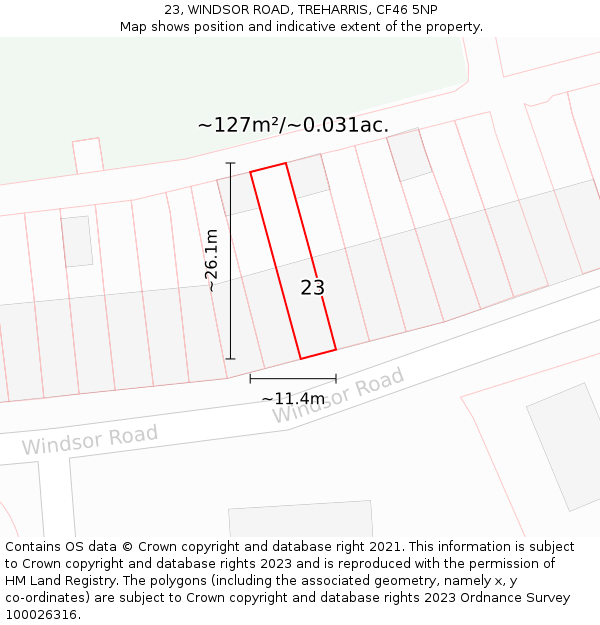 23, WINDSOR ROAD, TREHARRIS, CF46 5NP: Plot and title map