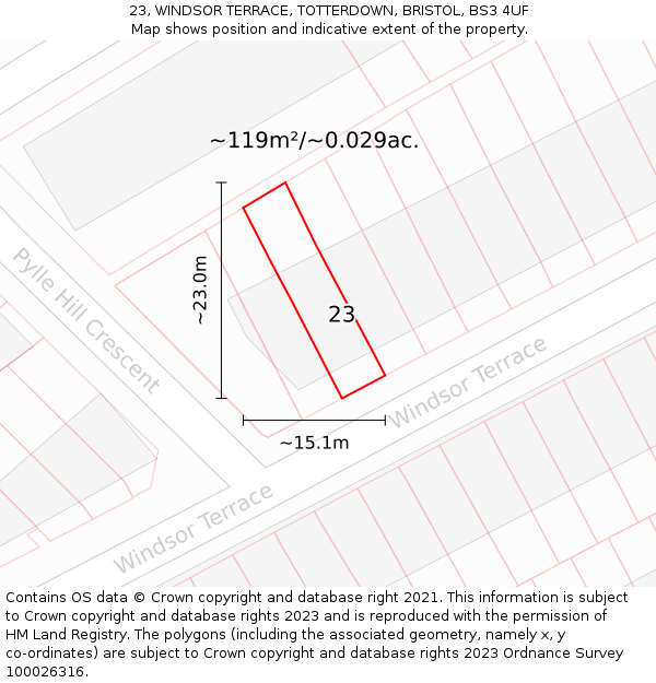 23, WINDSOR TERRACE, TOTTERDOWN, BRISTOL, BS3 4UF: Plot and title map