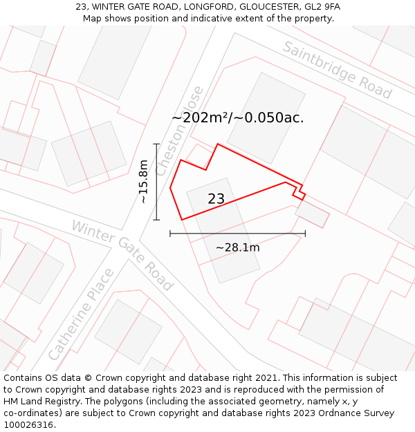 23, WINTER GATE ROAD, LONGFORD, GLOUCESTER, GL2 9FA: Plot and title map