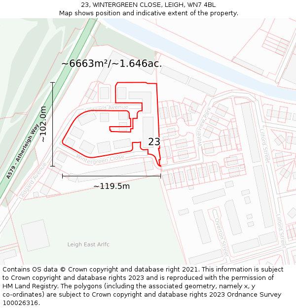 23, WINTERGREEN CLOSE, LEIGH, WN7 4BL: Plot and title map