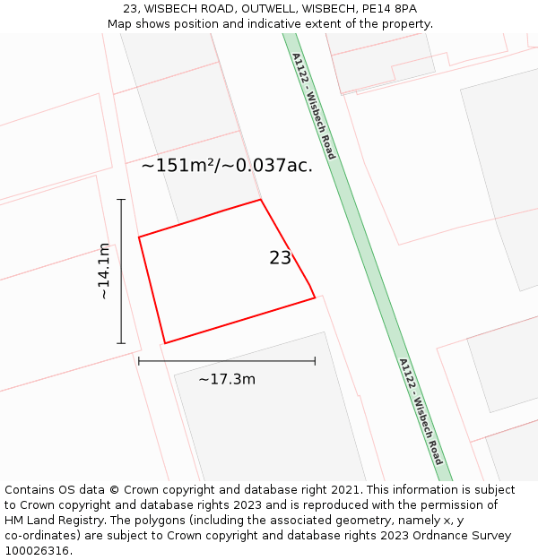 23, WISBECH ROAD, OUTWELL, WISBECH, PE14 8PA: Plot and title map