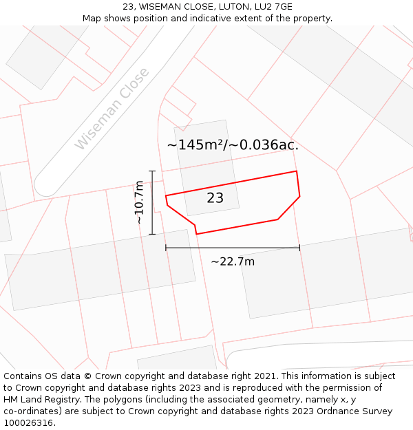 23, WISEMAN CLOSE, LUTON, LU2 7GE: Plot and title map