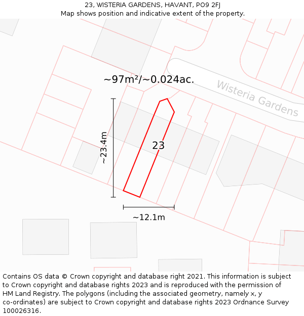 23, WISTERIA GARDENS, HAVANT, PO9 2FJ: Plot and title map