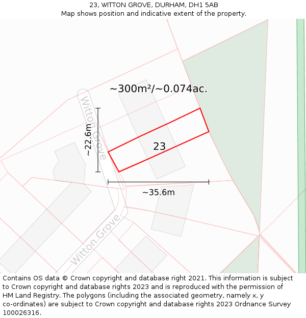 23, WITTON GROVE, DURHAM, DH1 5AB: Plot and title map