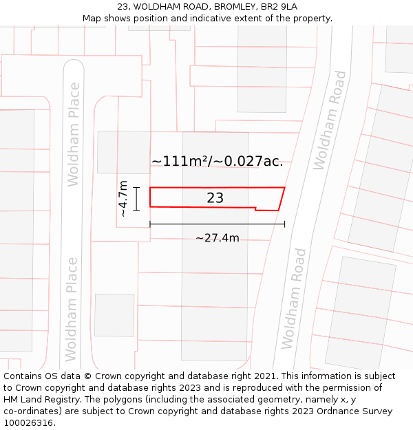 23, WOLDHAM ROAD, BROMLEY, BR2 9LA: Plot and title map