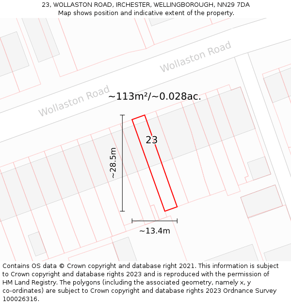 23, WOLLASTON ROAD, IRCHESTER, WELLINGBOROUGH, NN29 7DA: Plot and title map
