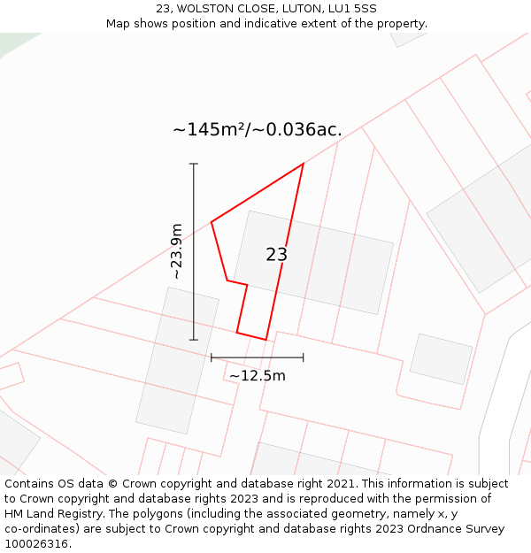 23, WOLSTON CLOSE, LUTON, LU1 5SS: Plot and title map