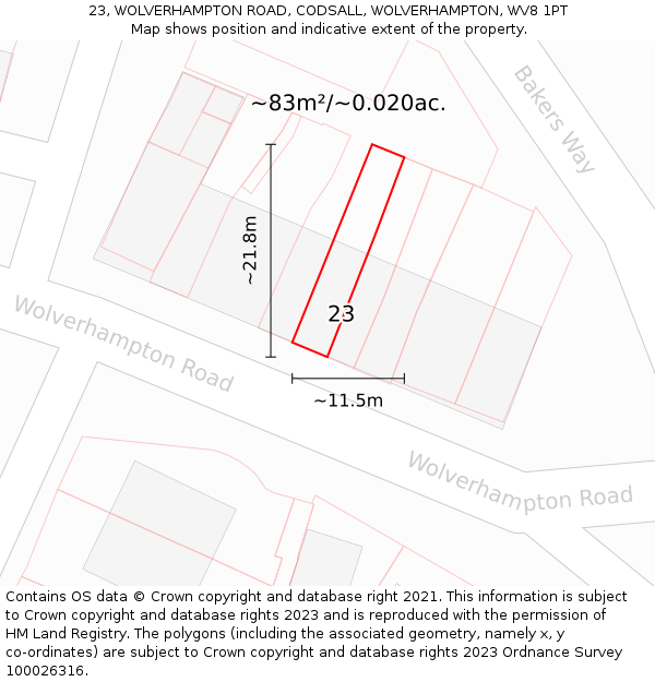23, WOLVERHAMPTON ROAD, CODSALL, WOLVERHAMPTON, WV8 1PT: Plot and title map