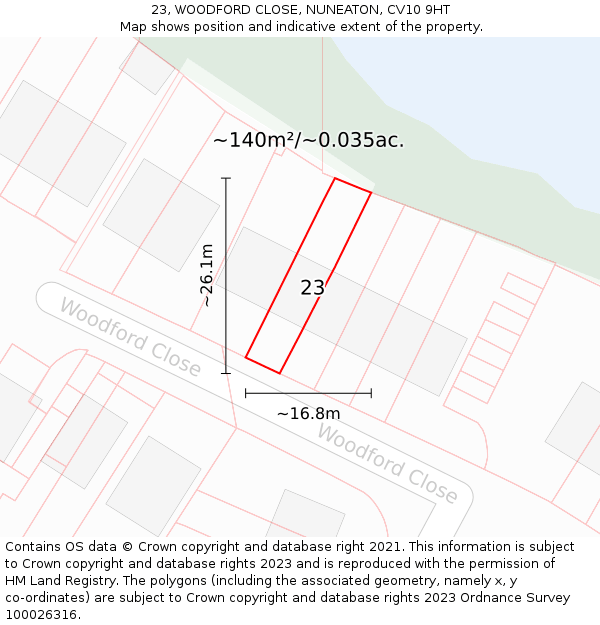 23, WOODFORD CLOSE, NUNEATON, CV10 9HT: Plot and title map