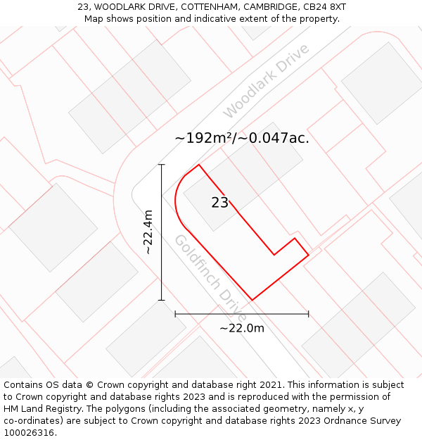 23, WOODLARK DRIVE, COTTENHAM, CAMBRIDGE, CB24 8XT: Plot and title map